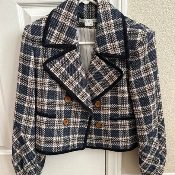 EUC Veronica Beard Aise Double Breasted Plaid Tweed Jacket Ink Multi Size 12 - Picture 4 of 10